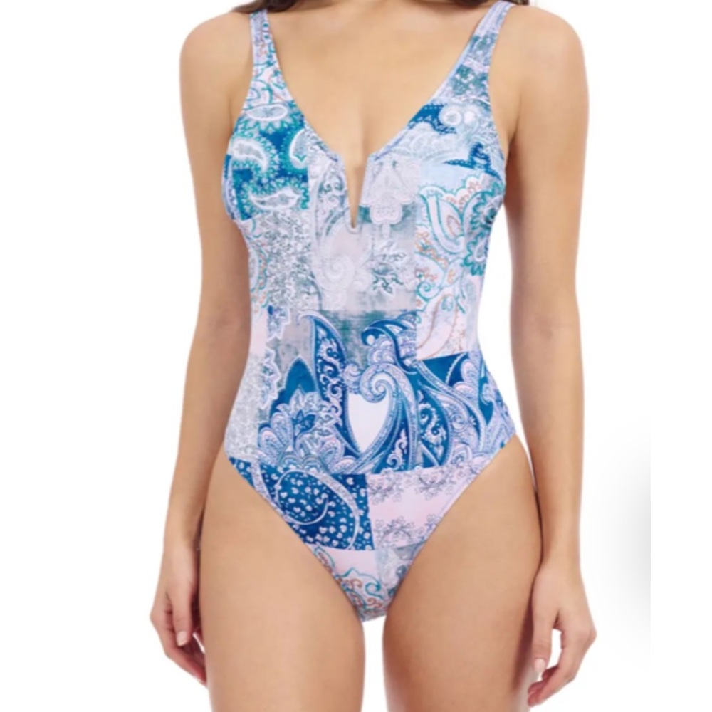 NWT Gottex Multi Blue One-Piece Swimsuit Size USA 6 V Neck